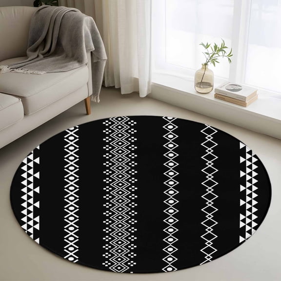 Ethnic Stripes Round Rugs for Living Room 3ft Boho Black and White Geometric Argyle Dots Non Slip Circle Rug Washable Low-Profile Indoor Carpet for Bedroom, Dining Room, Bathroom