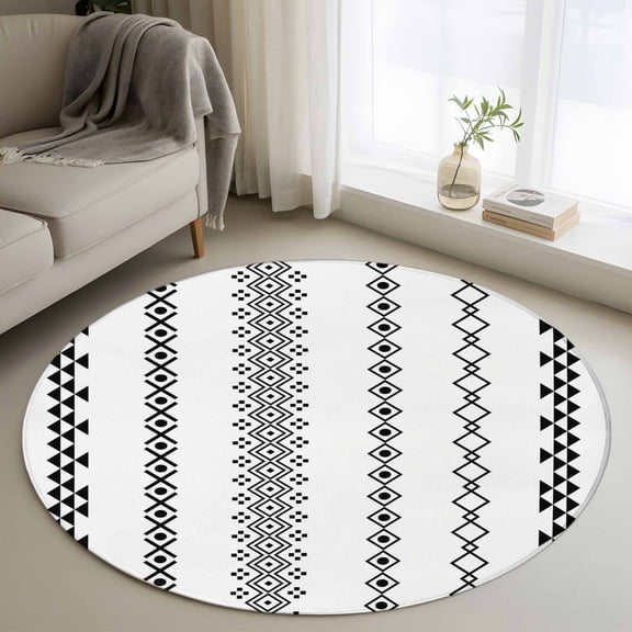 Ethnic Stripes Round Rugs for Living Room 3ft Boho White and Black Geometric Argyle Dots Non Slip Circle Rug Washable Low-Profile Indoor Carpet for Bedroom, Dining Room, Bathroom