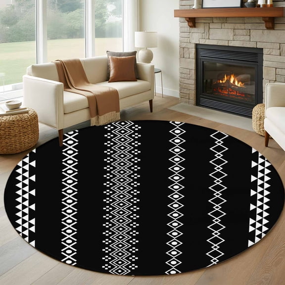 Ethnic Stripes Round Rugs for Living Room 7ft Boho Black and White Geometric Argyle Dots Non Slip Circle Rug Washable Low-Profile Indoor Carpet for Bedroom, Dining Room, Bathroom