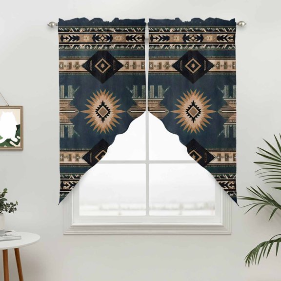 Ethnic Stripes Swag Valances for Windows, Classic Native Design Blue Rod Pocket Short Curtains, Machine Washable Kitchen Window Topper for Bathroom Living Room, 28 x 36 Inch, 1 Pair