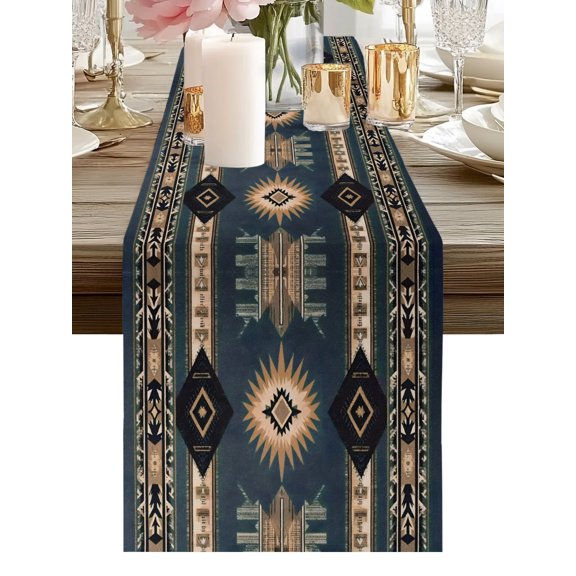 Ethnic Stripes Table Runners 36 Inches Long Classic Native Design Blue Kitchen Dining Table Runner Dresser Scarves for Party Coffee Holiday Party Decor