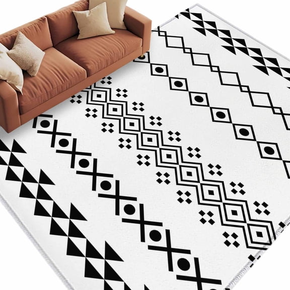 Ethnic Stripes Washable Living Room Rugs 9'x12', Boho White and Black Geometric Argyle Dots Low Pile Throw Large Area Rug Non-Slip Sturdy Edge Binding Carpet for Bedroom Dining Room Office