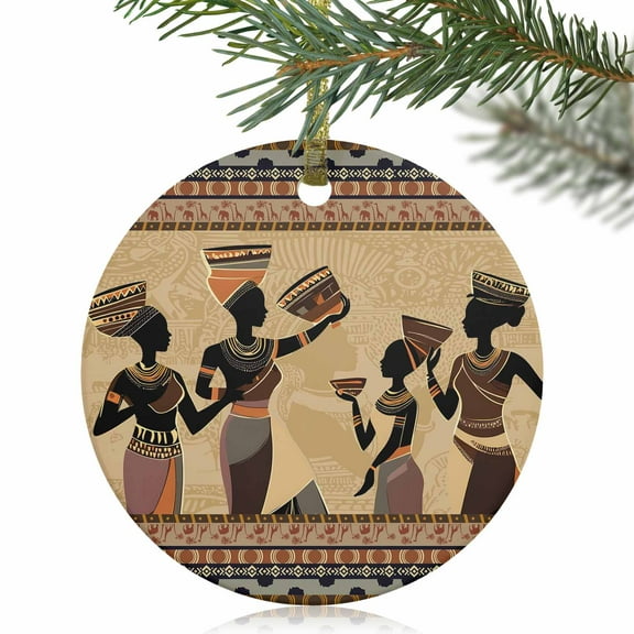 Ethnic Style African Black Women Christmas Ceramic Ornament 2025,3" Round Xmas Tree Hanging Accessories with Gold Ribbon,Traditional Tribal Art Pendant Ornaments for Holiday Gift Home Party Decor