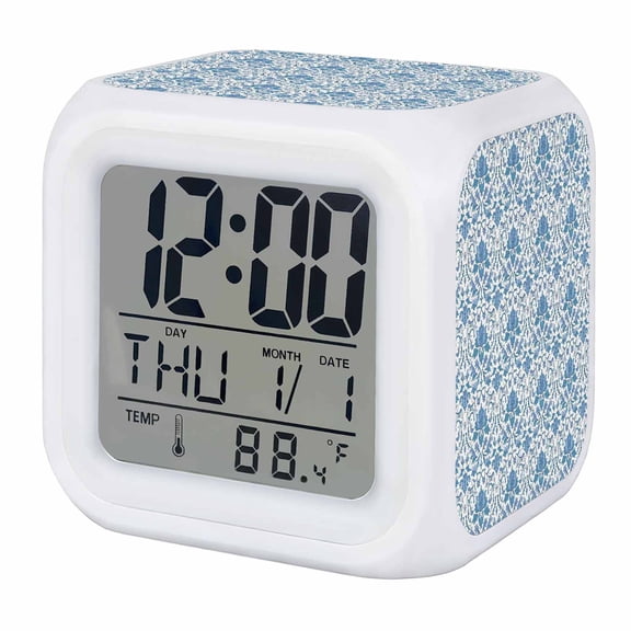 Ethnic Style Alarm Clock, Medieval Retro Blue Flower Texture Digital Clock Night Light with 7 Color, Calendar Temperature Display, LED Desk Small Clock for Bedrooms Bedside Living Room