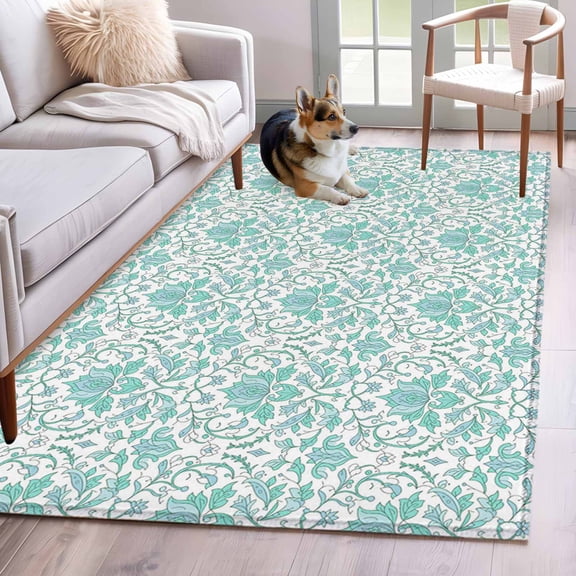 Ethnic Style Area Rugs 3x5 ft Medieval Retro Teal Flower Texture Washable Rug Non Slip Indoor Carpet Absorbent Floor Mat for Living Room Bedroom Dining Room