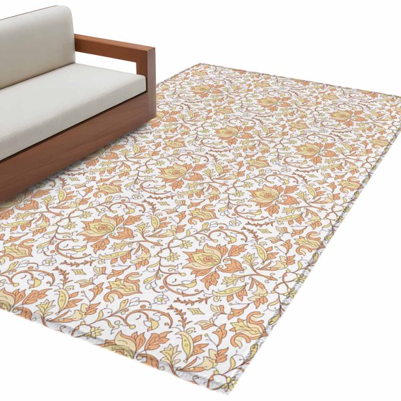 Ethnic Style Area Rug 3x5ft Medieval Retro Yellow Flower Texture Non-Slip Washable Square Rugs Soft Felt Indoor Floor Mat for Bedroom Kitchen Living Room Bathroom