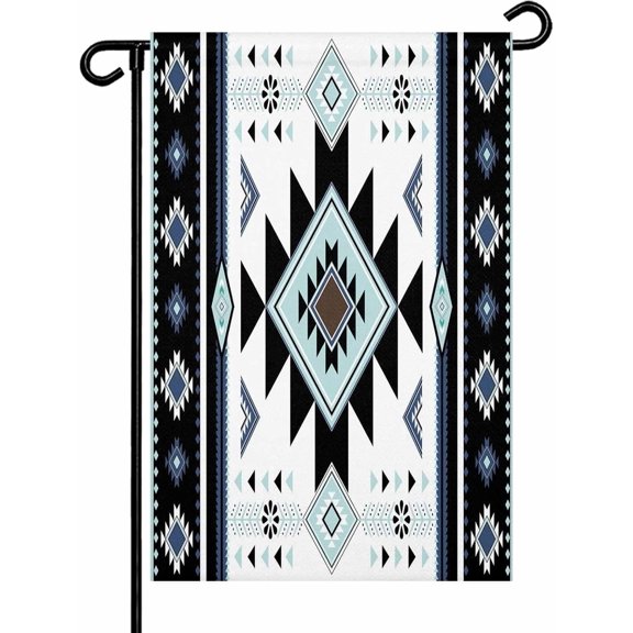 Ethnic Style Aztec Geometric Pattern Garden Flag 12x18 Inch Double Sided Welcome Yard Flag for Outdoor Decor Blue Black White