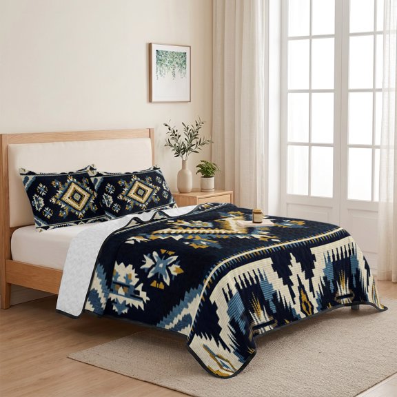Ethnic Style Aztec Navaj Geometric Retro Pattern 3 Pieces Quilt Set,1 Quilt with 2 Shams,Abstract Art Bedspread Soft Lightweight Bedding Coverlet Comforter Set for All Season 68"x98"