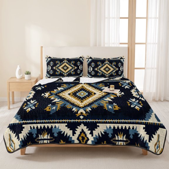 Ethnic Style Aztec Navaj Geometric Retro Pattern 3 Pieces Quilt Set,1 Quilt with 2 Shams,Abstract Art Bedspread Soft Lightweight Bedding Coverlet Comforter Set for All Season 96"x106"