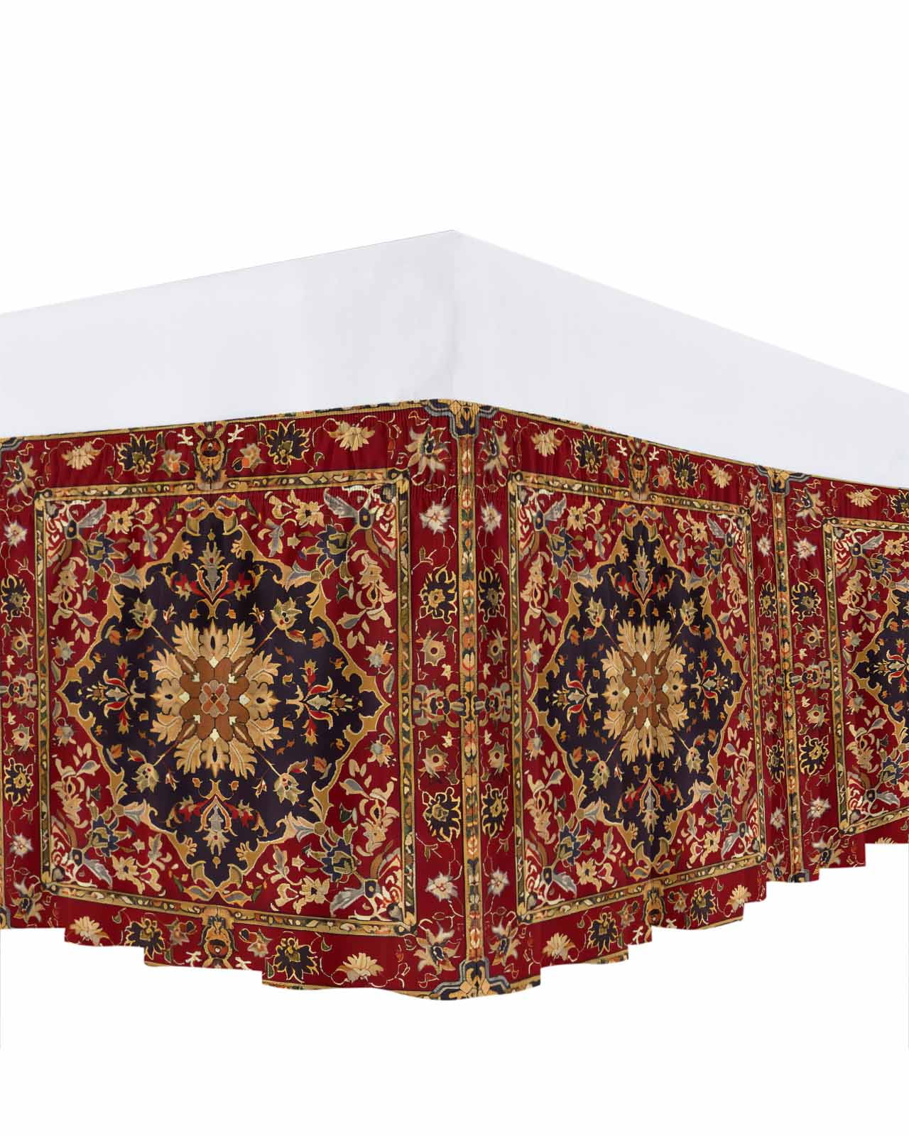 Ethnic Style Bed Skirt Vintage Decoration Red Floral Pattern Bed Skirts Queen Size 16 Inch Drop, Wrap Around Dust Ruffle&nbsp;Bedskirt with Adjustable Elastic Belt for Queen Size Beds