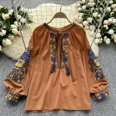 Ethnic Style Blouse Women O Neck Embroidered Tassel Lace-up Blusas Mujer Loose Lantern Sleeve Summer Camisas Vintage Dropship