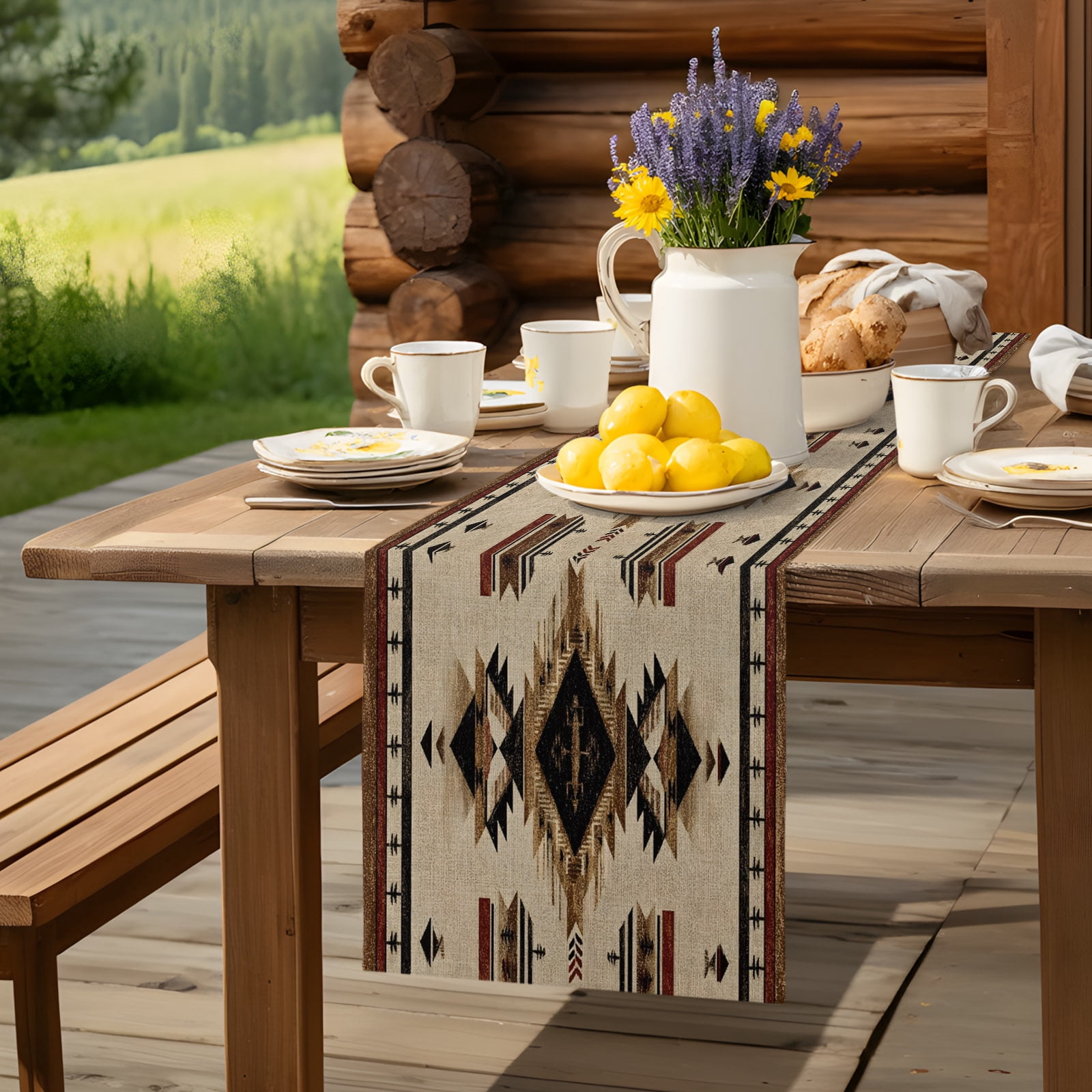 Ethnic Style Brown Block Geometric Table Runner 13x72in Non-Slip Cotton ...