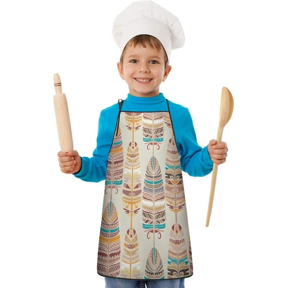Ethnic - Style Colorful Feather Pattern Kids Aprons for Girls and Boys,Adjustable Neck Strap Toddler Aprons for Kids Cooking Baking