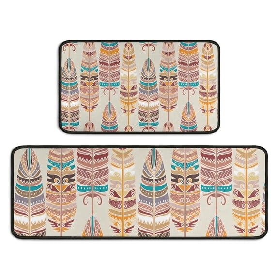 Ethnic - Style Colorful Feather Pattern Kitchen Rugs Sets Of 2,Anti Fatigue Kitchen Mat Rugs Non Slip Washable,Decorative Kitchen Floor Mats for Kitchen,Sink,Laundry,17"X30"+17"X47"