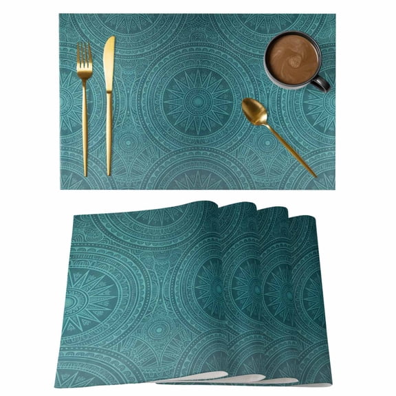 Ethnic Style Cotton Linen Placemats Set of 1, Abstract Floral Turquoise Gradual Washable Table Place Mats Heat Insulating Placemat for Dining Room Kitchen Daily Use 13 x 19 Inch