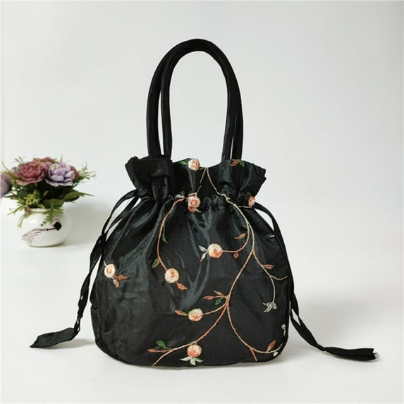 Ethnic Style Elegant Handmade Drawstring Bag National Style Purse Top Handle Small Bucket Bag Cosmetic Handbag Women Flower Handbags Jewelry Bag BLACK