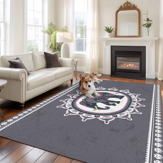 Ethnic Style Elephants Area Rugs 5x7 ft Retro National Animal Floral Washable Rug Non Slip Indoor Carpet Absorbent Floor Mat for Living Room Bedroom Dining Room