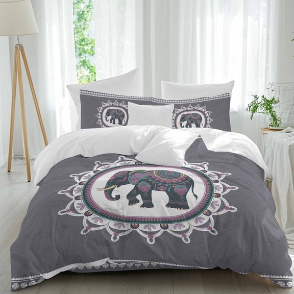 Ethnic Style Elephants Comforter Set Queen Size, Retro National Animal Floral Soft Bedding Set for Man Woman, 4 Pieces Duvet Cover Set with Fitted Sheet, 2 Pillowcases