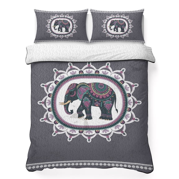 Ethnic Style Elephants King Quilt Bedding Set, Retro National Animal Floral Lightweight Comforter with 2 Pillow Shams Bedroom Bedspread Set Home Decor for All Seasons