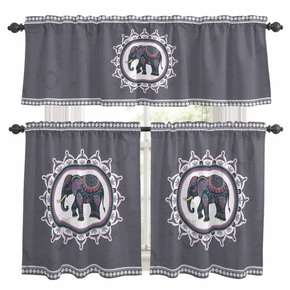 Ethnic Style Elephants Kitchen Curtains Valances and Tiers Set of 3 Retro National Animal Floral Tier Curtains and Valance with Rod Pocket for Small Windows, 27.5"x36"