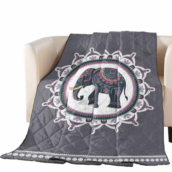 Ethnic Style Elephants Quilted Comforters Cooling Blanket Queen Size, Retro National Animal Floral Cold Comfort for Hot Sleepers Lightweight Air Conditioning Quilt Blanket for Bed