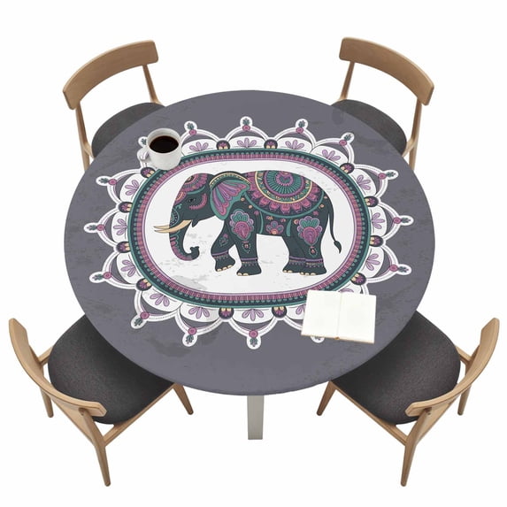 Ethnic Style Elephants Round Fitted Tablecloth with Elastic Edge Retro ...