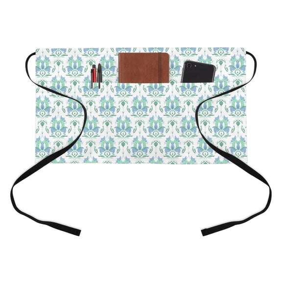 Ethnic Style Half Waist Apron Medieval Green Blue Flower Texture Short Waiter Aprons with 3 Pockets for Women Men Kitchen Restaurant Cooking