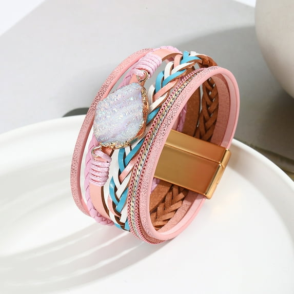 Ethnic Style Multi-layer Leather Hand-woven Diamond Magnetic Snap Bracelet