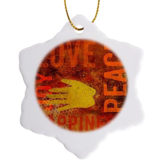 3drose, Ethnic Style Painting with Hand Symbols and Words Love Peace Joy, 3 inch Snowflake Porcelain Ornament