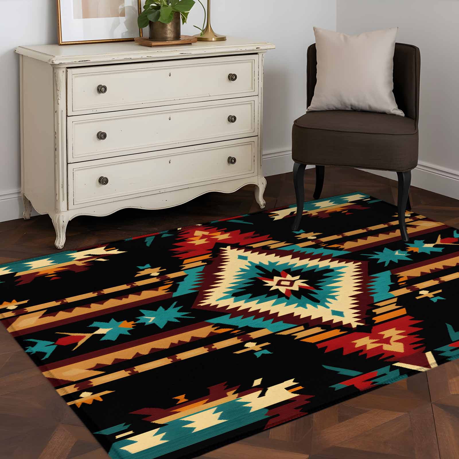 Ethnic Style Pattern 4x6 Rug for Dining Table for 4 People Under Table ...