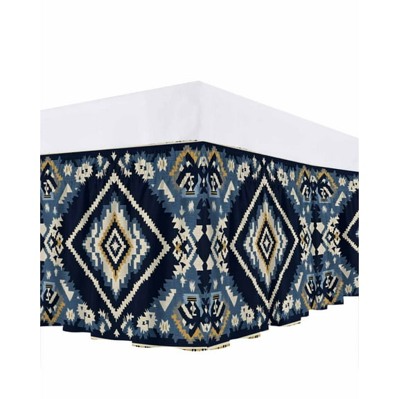 Ethnic Style Pattern Bed Skirt King Size 16" Drop Vintage Blue Weaving Abstract Ruffled Wrap Around Bed Skirts Adjustable Elastic Bedskirt Dust Ruffle for King Size Bed