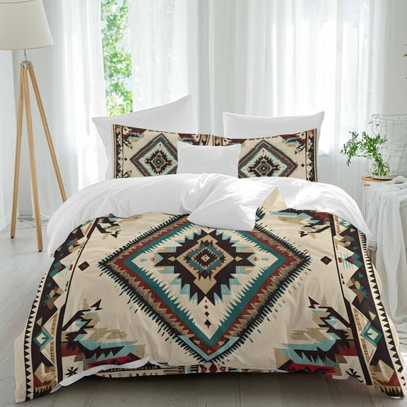 Ethnic Style Pattern Duvet Cover Set Queen Size Retro Brown Red Weaving Abstract Art Soft Lightweight Comforter Covers 4 Piece Bedding Set with 1 Duvet Cover 1 Bed Sheet & 2 Pillow Shams