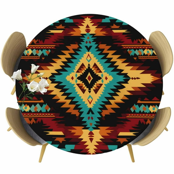 Ethnic Style Pattern Round Fitted Table Cover Retro Weaving Red Abstract Art Waterproof Table Cloth with Elastic Edge Wipeable Tablecloth for Picnic Camping Party Fits 45"-54" Diameter