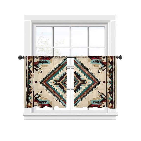Ethnic Style Pattern Sheer Curtains 45 inches Long 2 Panels Set Retro Brown Red Weaving Abstract Art Tiers Sheers Rod Pocket Small Window Short Curtains for Kitchen Cafe, Each 52" W x 45" L