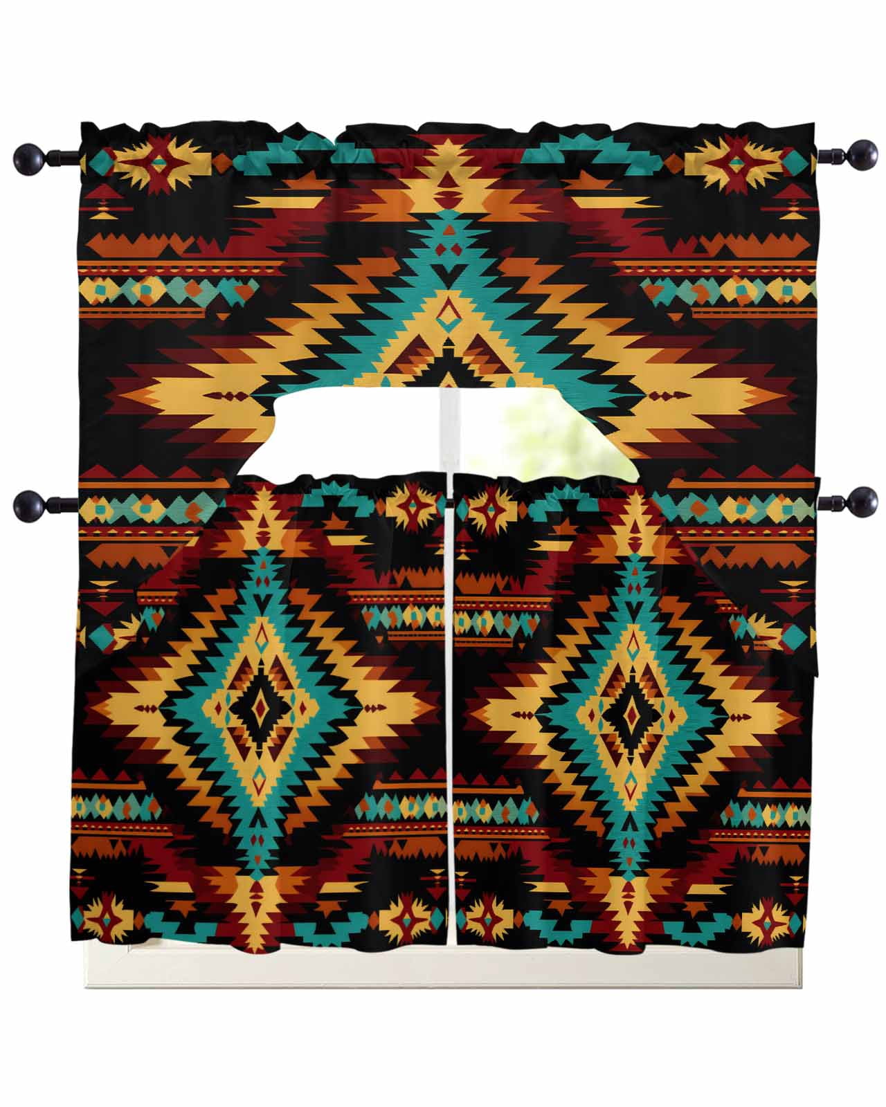 Swag Pattern Ethnic Style Pattern Swag Valance and Tier Curtains Set Retro Weaving ...