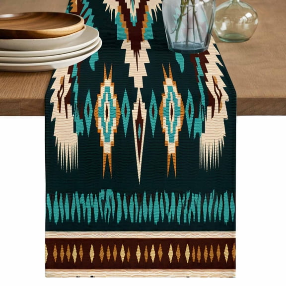 Ethnic Style Pattern Table Runner, Retro Green Weaving Abstract Cotton Linen Kitchen Table Decoration Washable Dining Tabletop Runners for Home Party Decor 13x36 Inches