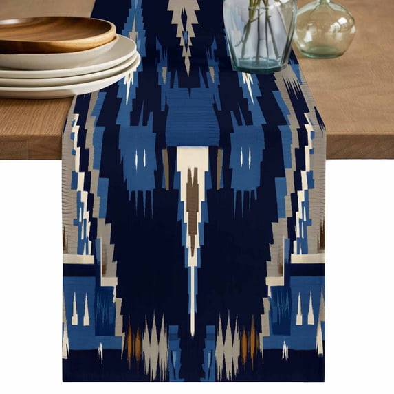 Ethnic Style Pattern Table Runner, Retro Weaving Brown Blue Abstract Art Cotton Linen Kitchen Table Decoration Washable Dining Tabletop Runners for Home Party Decor 13x72 Inches