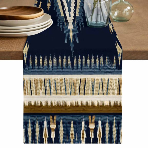 Ethnic Style Pattern Table Runner, Vintage Blue Brown Weaving Abstract Cotton Linen Kitchen Table Decoration Washable Dining Tabletop Runners for Home Party Decor 13x120 Inches