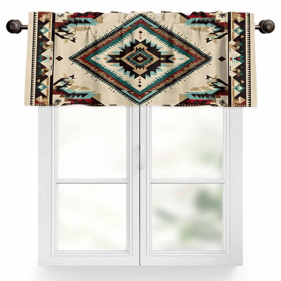 Ethnic Style Pattern Valances for Windows, 54 x 18in, Retro Brown Red Weaving Abstract Art Rod Pocket Kitchen Valance Curtain Light Filtering Window Treatments for Living Room Bedroom, 1 Panel