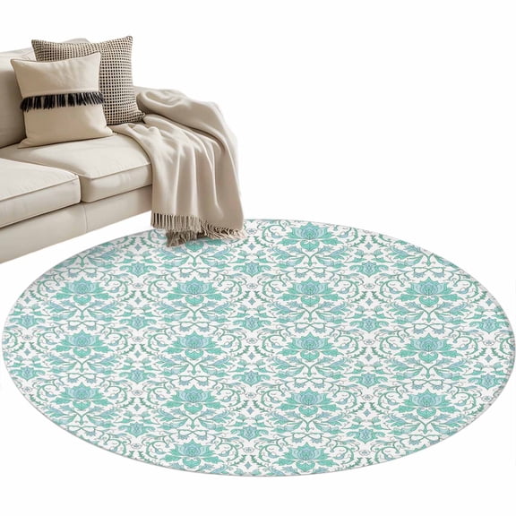 Ethnic Style Round Area&nbsp;Rug 3.3ft Medieval Retro Teal Flower Texture Non-Slip&nbsp;Washable Circle Rugs Soft Felt Indoor Floor Mat for Bedroom Kitchen Living Room Bathroom
