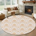 thumbnail image 1 of Ethnic Style Round Living Room Rugs 7 ft, Medieval Retro Yellow Flower Texture Washable Area Rug with Non-Slip Sturdy Edge Binding Round Carpet for Kitchen Office Bedroom, 1 of 9