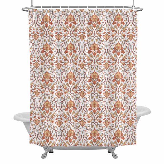 Ethnic Style Shower Curtain for Bathroom, Medieval Retro Orange Flower Texture Waterproof Cloth Fabric Bathroom Accessories Set with 12 Rust Proof Plastic Hooks, 60"x72"
