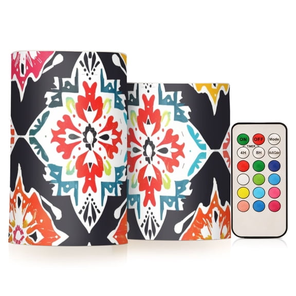 Ethnic Style Square Abstract Pattern Flickering Flameless Candles LED Tealight Battery Operated with Remote Set of 2 Holiday Decor Ornaments