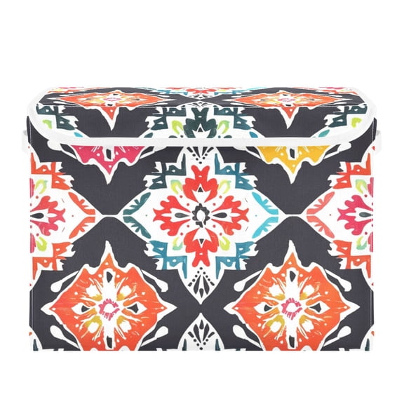 Ethnic Style Square Abstract Pattern Foldable Storage Bin with Lid and Handle Collapsible Storage Box 16.5 x 12.6 x 11.8 inches
