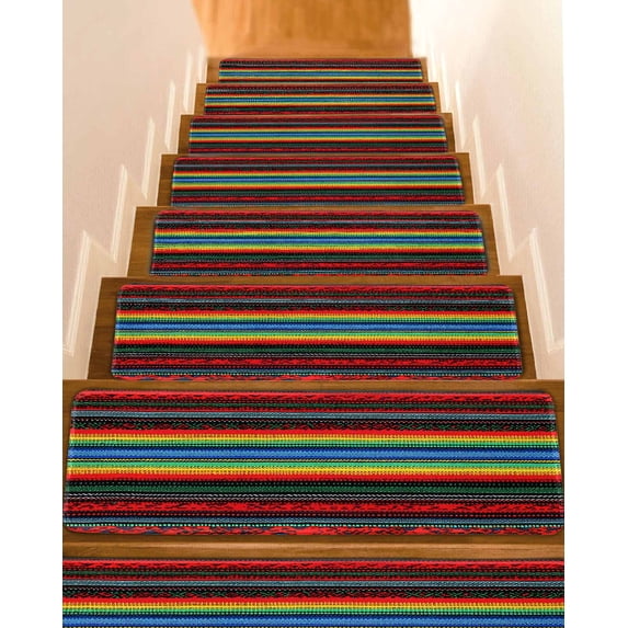 Ethnic Style Stair Treads Non Slip for Steps Colored Stripes Abstract Modern Art 10 Pcs Reusable Adhesive Stair Runner Mats for Dogs Elders Carpet Treads Rugs for Staircase 8x30 In