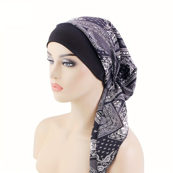 Ethnic Style Tie-On Bandana Hat, Stretchy Wide-Brim Ribbon Head Wrap, Chemotherapy Cap, Home Hat