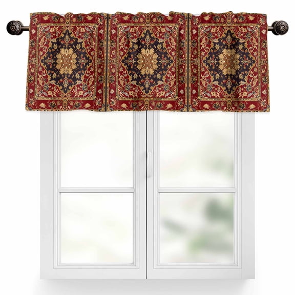 Ethnic Style Valances for Windows, 42 x 12in, Vintage Decoration Red Floral Pattern Rod Pocket Kitchen Valance Curtain Light Filtering Window Treatments for Living Room Bedroom, 1 Panel