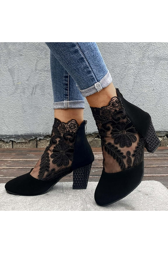 Ethnic Style Women's Net Yarn Breathable Flowers Zipper Casual High Heel Sandals