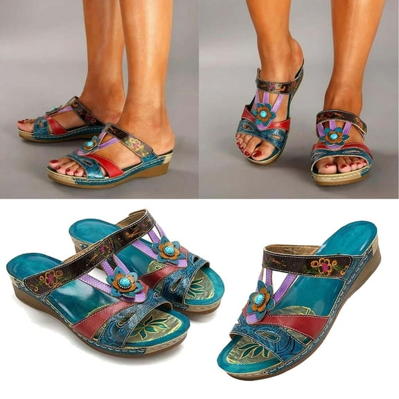 Ethnic Style Women's Sandals Bohemian Open Toe Casual Beach Sandals Wedges Slippers Summer Beach Travel Slippers
