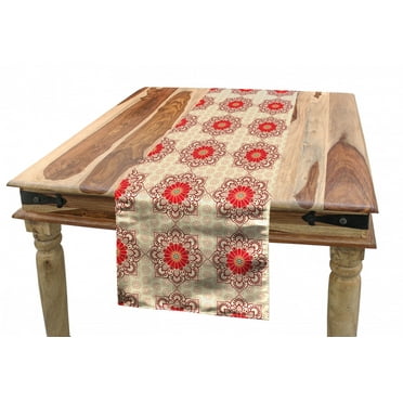 Ethnic Table Runner, Mandala Inspired Floral Composition with Pale Colored Backdrop, Dining Room Kitchen Rectangular Runner, 3 Sizes, by Ambesonne